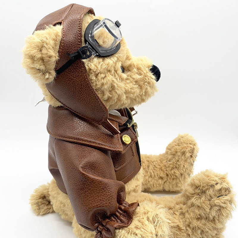 Teddy Bear Aviator Pilot Bomber Faux Leather Jacket Plush Stuffed Animal  Brown